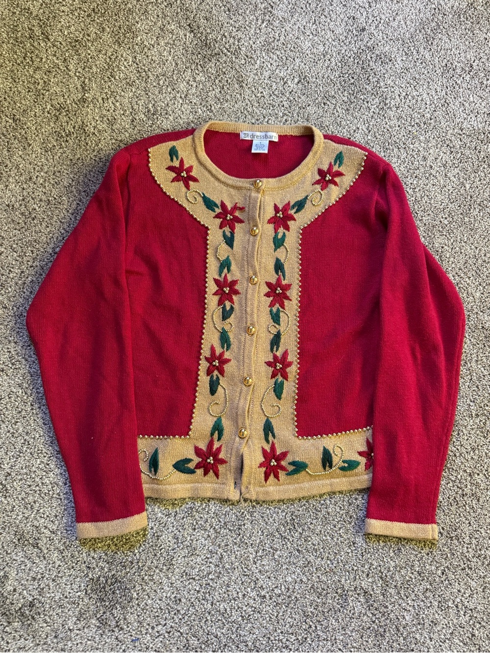 Festive Dressbarn Red & Tan Embroidered Cardigan with Gold Buttons